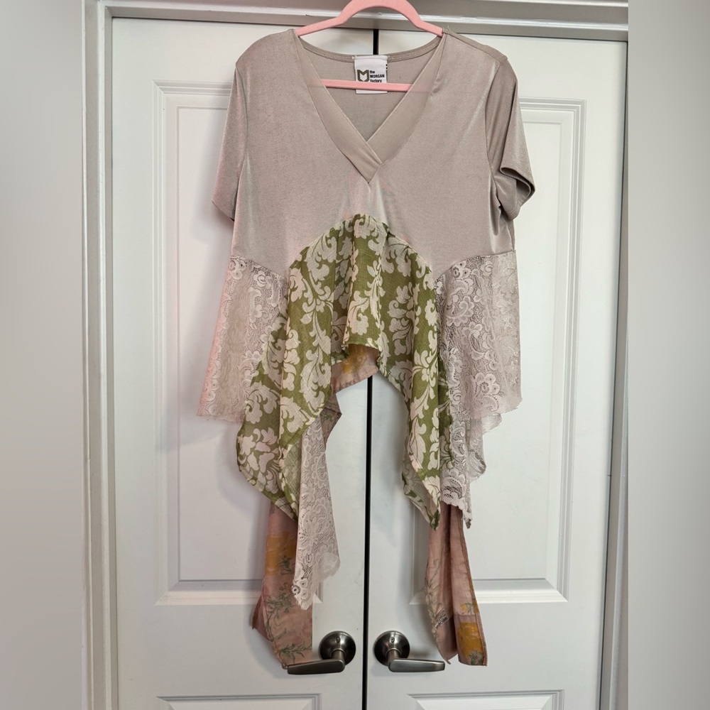 The Morgan Factory Bohemian Asymmetrical Top with Lace Accents